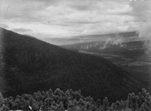 Landschaft : Blick über Baumwipfel auf eine Berglandschaft.
