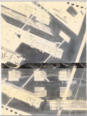 Wohnungsbau am Gleisdreieck, Berlin Schinkelwettbewerb 1990: Grundrisse, Schnitt, Ansicht 1:100