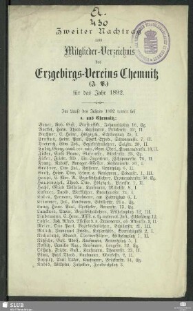 Nachtr. 1892: Mitglieder-Verzeichnis des Erzgebirgs-Vereins Chemnitz