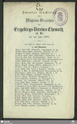 Nachtr. 1892: Mitglieder-Verzeichnis des Erzgebirgs-Vereins Chemnitz
