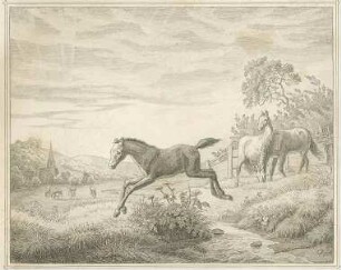 Allegorische Lebensdarstellung eines Kavalleriepferdes vom Fohlen bis zum ausgedientem Pferd mit gereimtem Text