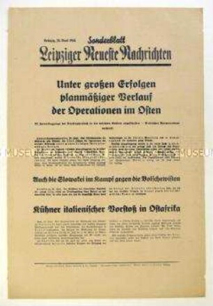 Sonderblatt der "Leipziger Neuesten Nachrichten" zum Verlauf der militärischen Operationen an der Ostfront
