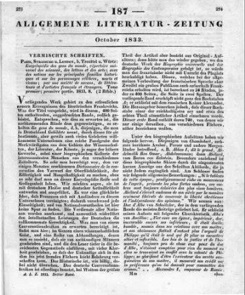 Encyclopédie des gens du monde, répertoire universel des sciences, des lettres et des arts; avec des notices sur les principales familles historiques et sur les personnages célèbres, morts et vivans; par une société de savans, de littérateurs et d'artistes, français et étrangers. Bd. 1, T. 1. Paris, Straßburg, London: Treuttel & Würtz 1833