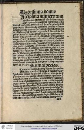 [D]isciplina numerorum arithmetica est greci enim numerum rithmon vocant, quam scriptores secularium litterarum inter disciplinas mathematicas immo primam esse volebant...