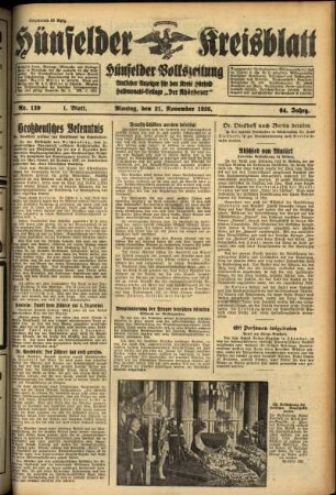 Erste Ausgabe vom Montag, den 21. November 1938.