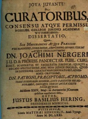 De Curatoribus, Consensu Atque Permissu Nobiliss. Collegii Iuridici Academiae Wittebergensis: Dissertatio