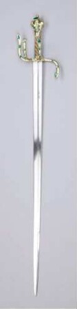 Hirschfänger / Garnitur bestehend aus Hirschfänger mit Scheide, Weidmesser mit Scheide, Jägerhorn, Schwedler, Pulverflasche, Hundehalsband und Leibgürtel