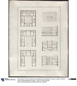 Sammlung architektonischer Entwürfe. Tafel 68 ( = Heft 10, Tafel 62, 1826): Wohnhausentwurf. Grundrisse, Vorderansicht und Schnitte