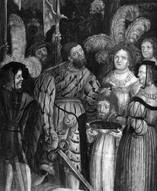Flügelaltar : Flügelaltar. Holz, bemalt (um 1520). Detail mit Enthauptung Johannes des Täufers. Aigen im Ennstal, Sankt Johannes Baptist und Johannes Evangelist