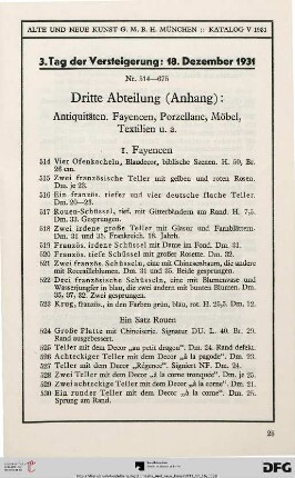 Dritte Abteilung: Antiquitäten, Fayencen, Porzellane, Möbel, Textilien (Nr. 514-675)