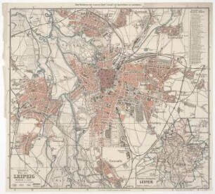 Plan von Leipzig, 1:25 000, Mehrfarbendruck, um 1900 : Ed. Gaebler's Plan von Leipzig. - 1:25 000. - Leipzig : Gaebler , [um 1900]. - 1 Kt. : Mehrfarbendr. ; 33 x 30 cm. Titel unten links. - Mit Suchnetz. - Mit Gebäudeverz. - Mit 1 Nebenkt.: Übersicht des Stadtgebiets Leipzig