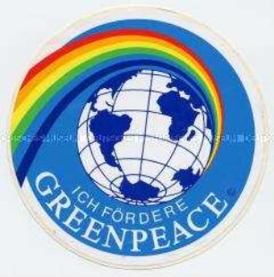 Werbe-Aufkleber von Greenpeace mit Weltkugel und Regenbogen