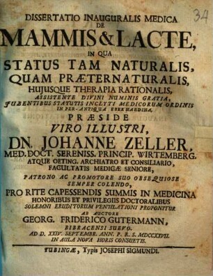 Dissertatio Inauguralis Medica De Mammis & Lacte : In Qua Status Tam Naturalis, Quam Praeternaturalis, Hujusque Therapia Rationalis