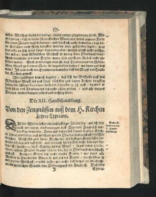 Die XII. Haubthandlung. Von den Zeugnüssen auß dem H. Kirchen Lehrer Cypriano.
