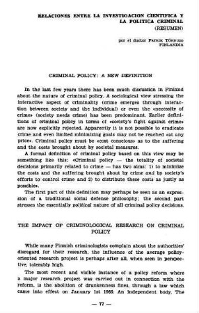 77-80, Relaciones entre la investigacion cientifica y la politica criminal (Resumen)