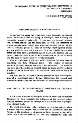 77-80, Relaciones entre la investigacion cientifica y la politica criminal (Resumen)