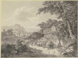 Flußlandschaft mit einer alten Brücke mit Turm, rechts ein Wirtshaus unter Bäumen an einem Hohlweg, auf dem ein Bauer mit seinem Planwagen fährt