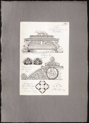 Reiseskizzen aus Italien: Siena: Holzkasten im Palazzo Pubblico (Ansicht), Kleine Kirche (Grundriss), Türbekrönung in S. Domenico (Ansicht)