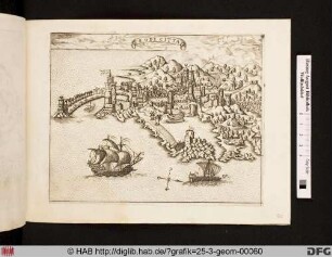 Landkarte mit Stadtansicht von Rodi/Rodos/Rhodes.