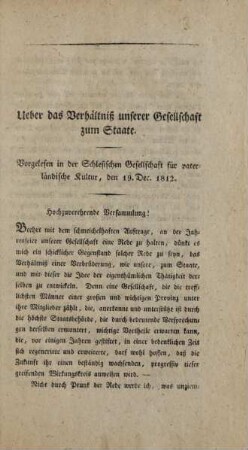 Ueber das Verhältnis unserer Gesellschaft zum Staate