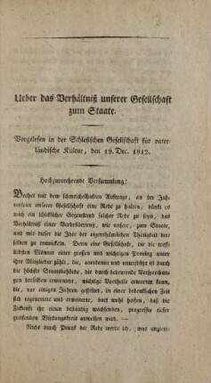 Ueber das Verhältnis unserer Gesellschaft zum Staate