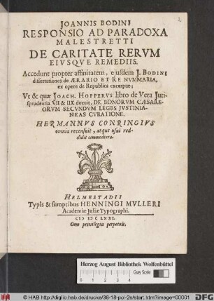 Joannis Bodini Responsio Ad Paradoxa Malestretti De Caritate Rerum Eiusque Remediis