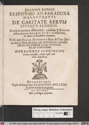Joannis Bodini Responsio Ad Paradoxa Malestretti De Caritate Rerum Eiusque Remediis