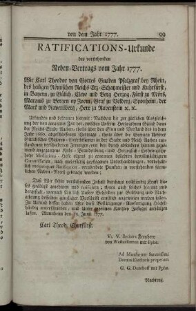 Ratifications-Urkunde des vorstehenden Neben-Vertrags vom Jahr 1777.