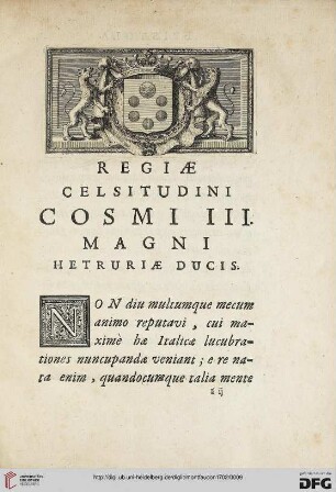 Regiæ celsitudini Cosmi III. magni Heturiæ ducis
