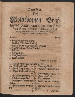Furier Zettel/ Deß ... Herrn Friderichen/ Graffen zu Solms ... sampt den bey sich habenden Herrn und Frawenzimmern.