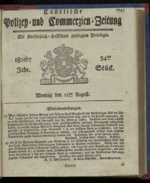 1806tes Jahr. 34tes Stück. Montag den 18ten August