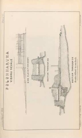 Plate VI. Polonnaruwa. Vishnu Dévâlé. Side elevation (East). Section through A.B. Section through C.D.