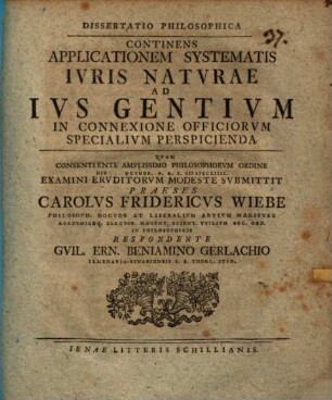 Dissertatio Philosophica Continens Applicationem Systematis Ivris Natvrae Ad Ivs Gentivm In Connexione Officiorvm Specialivm Perspicienda
