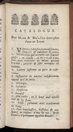 Catalogue Des Maux & Maladies énonçées dans ce Livre.