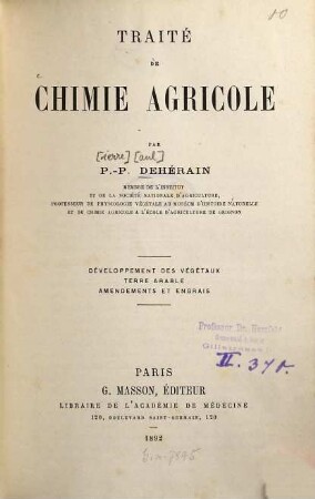 Traité de Chimie agricole Développement des végétaux terre arable : développement des végétaux ; terre arable ; amendements et engrais