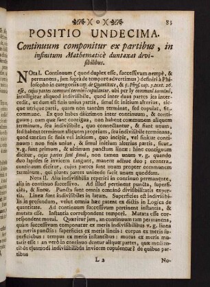 83-93, Positio Undecima. Continuum componitur ex partibus, in infinitum Mathematicè duntaxat divisibilibus