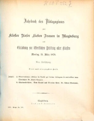 Jahrbuch des Pädagogiums zum Kloster Unser Lieben Frauen in Magdeburg und Einladung zum Schulaktus. 43. 1878/79