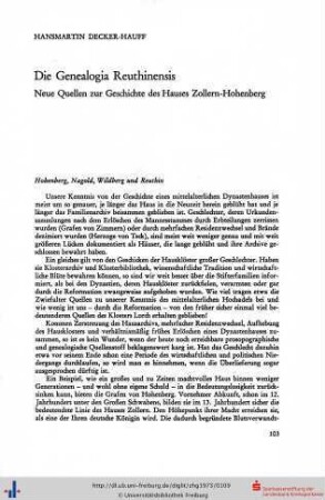 Die Genealogia Reuthinensis. Neue Quellen zur Geschichte des Hauses Zollern-Hohenberg.
