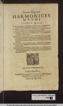 Ioannis Keppleri Harmonices Mvndi Libri V. : Qvorum Primus Geometricvs ... Secundus Architectonicvs, ... Tertius propriè Harmonicvs, ... Quartus Metaphysicvs, Psychologicvs & Astrologicvs, ... Quintus Astronomicvs & Metaphysicvs, ... Appendix habet comparationem huius Operis cum Harmonices Cl. Ptolemæi libro III. ... cunque Roberti de Fluctibus ... operi de Macrocosmo & Microcosmo insertis