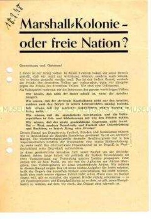 Propagandaflugblatt der KPD Niedersachsen für das Volksbegehren für Einheit und einen gerechten Friedensvertrag mit Polemik gegen den Marshall-Plan