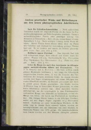 Auslese practischer Winke und Mittheilungen aus den neuen photographischen Jahrbüchern