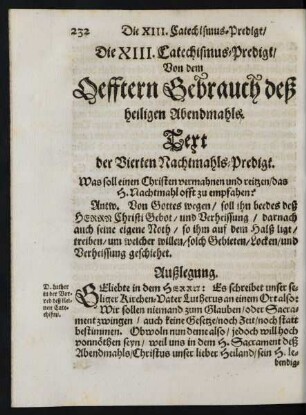 Die XIII. Catechismus-Predigt/ Von dem Oefftern Gebrauch deß heiligen Abendmahls.
