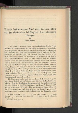 Über die Bestimmung der Molekulargrössen von Salzen aus der elektrischen Leitfähigkeit ihrer wässerigen Lösungen.
