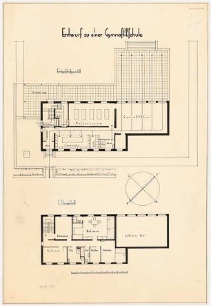 Gymnastikschule am See Monatskonkurrenz Dezember 1932: Grundriss Erdgeschoss, Obergeschoss; Maßstabsleiste