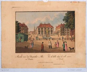Der Neustädter Markt in Dresden, Blick nach Süden, mit dem Reiterstandbild August des Starken, der Neustädter Wache (Blockhaus) und Blick über die Augustusbrücke auf die Altstadt