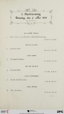 I. Auctionstag: Dienstag, den 7. Mai 1901 von 10 Uhr ab (Nr. 1-120)