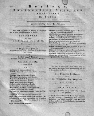 1803-01-08 : Beylage, Buchhändler Anzeigen enthaltend. 20. Stück.