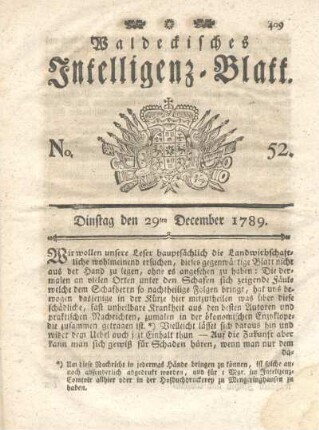 No. 52, Dinstag den 29ten December 1789