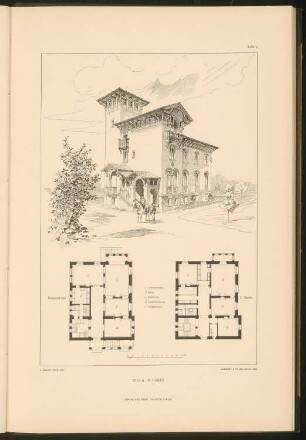 Villa, Paris: Grundrisse und perspektivische Ansicht (aus: Stadt- und Landhäuser, hrsg. von Ernst Wasmuth, Berlin 1894)