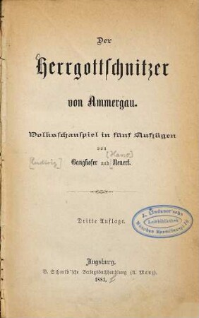 Der Herrgottschnitzer von Ammergau : Volksschauspiel in fünf Aufzügen